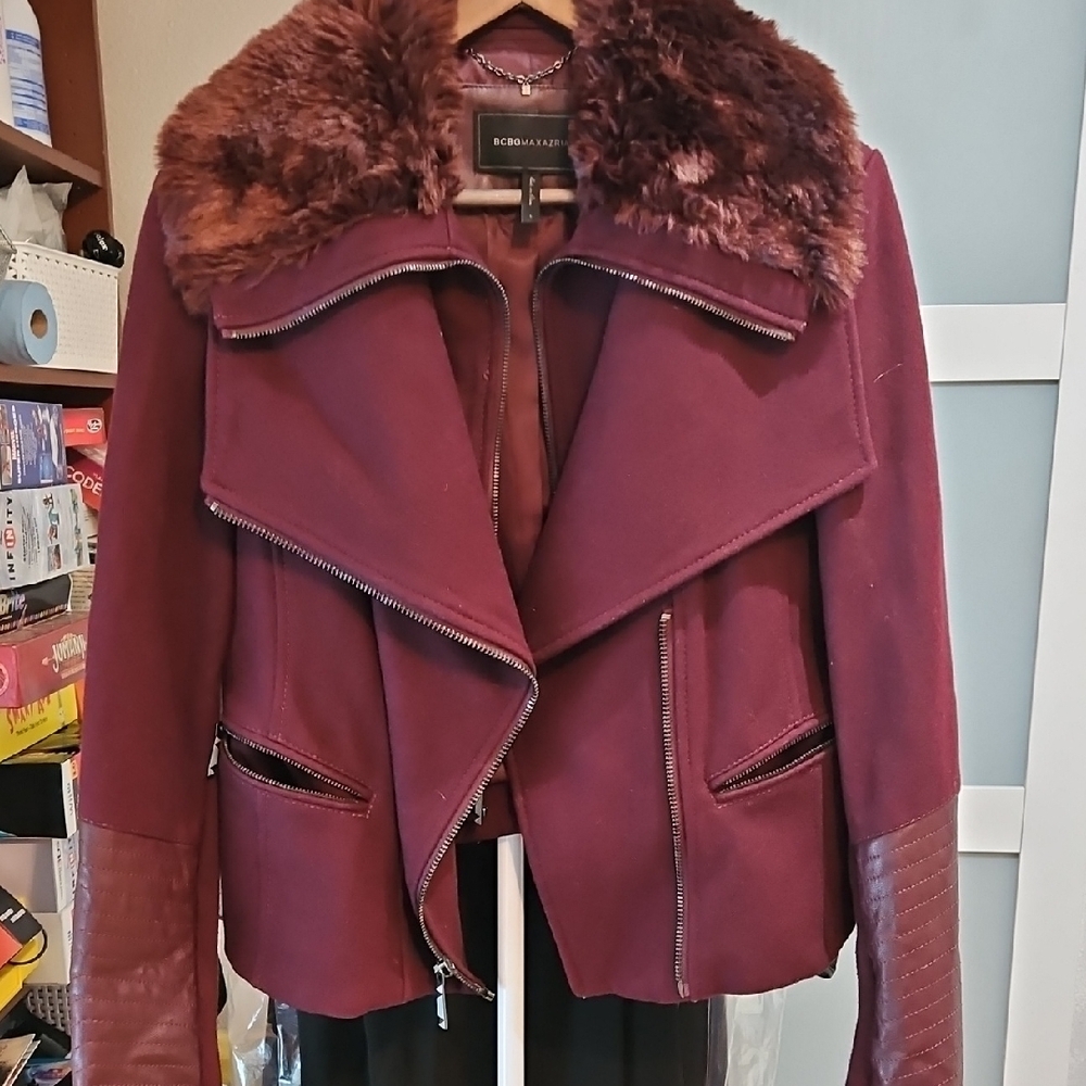 BCBGMaxAzria Purple Leather Jacket with Oversized Fur Collar